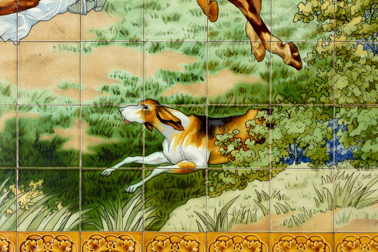 Indvendigt billede, flisepanel, maler Furcy Ernest Tondeur, eksekutør Boch Frères La Louvière, første panel, jagtscene med tre ryttere, detalje af . .