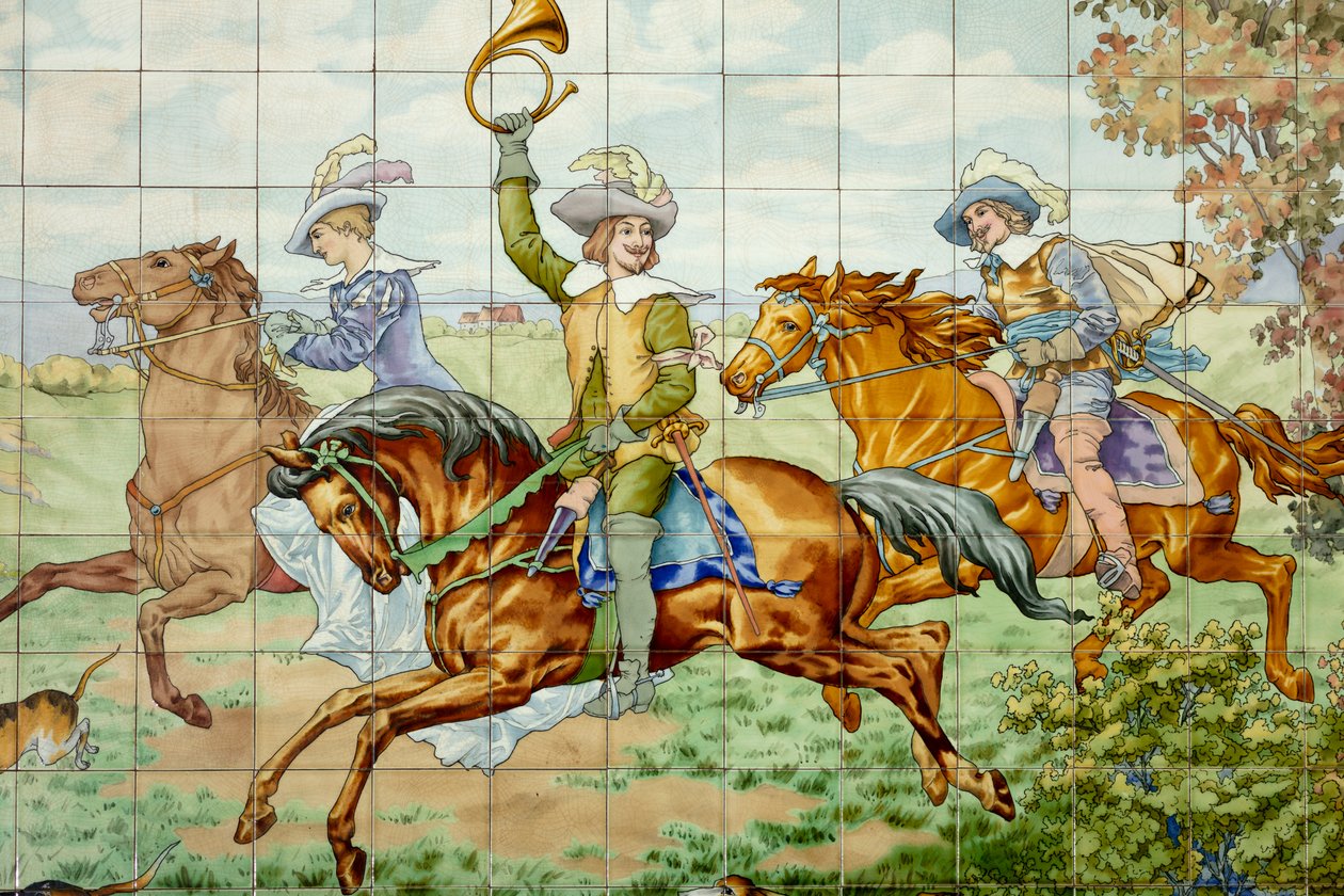 Indvendigt billede, flisepanel, maler Furcy Ernest Tondeur, eksekutør Boch Frères La Louvière, første panel, jagtscene med tre ryttere, detalje af . .
