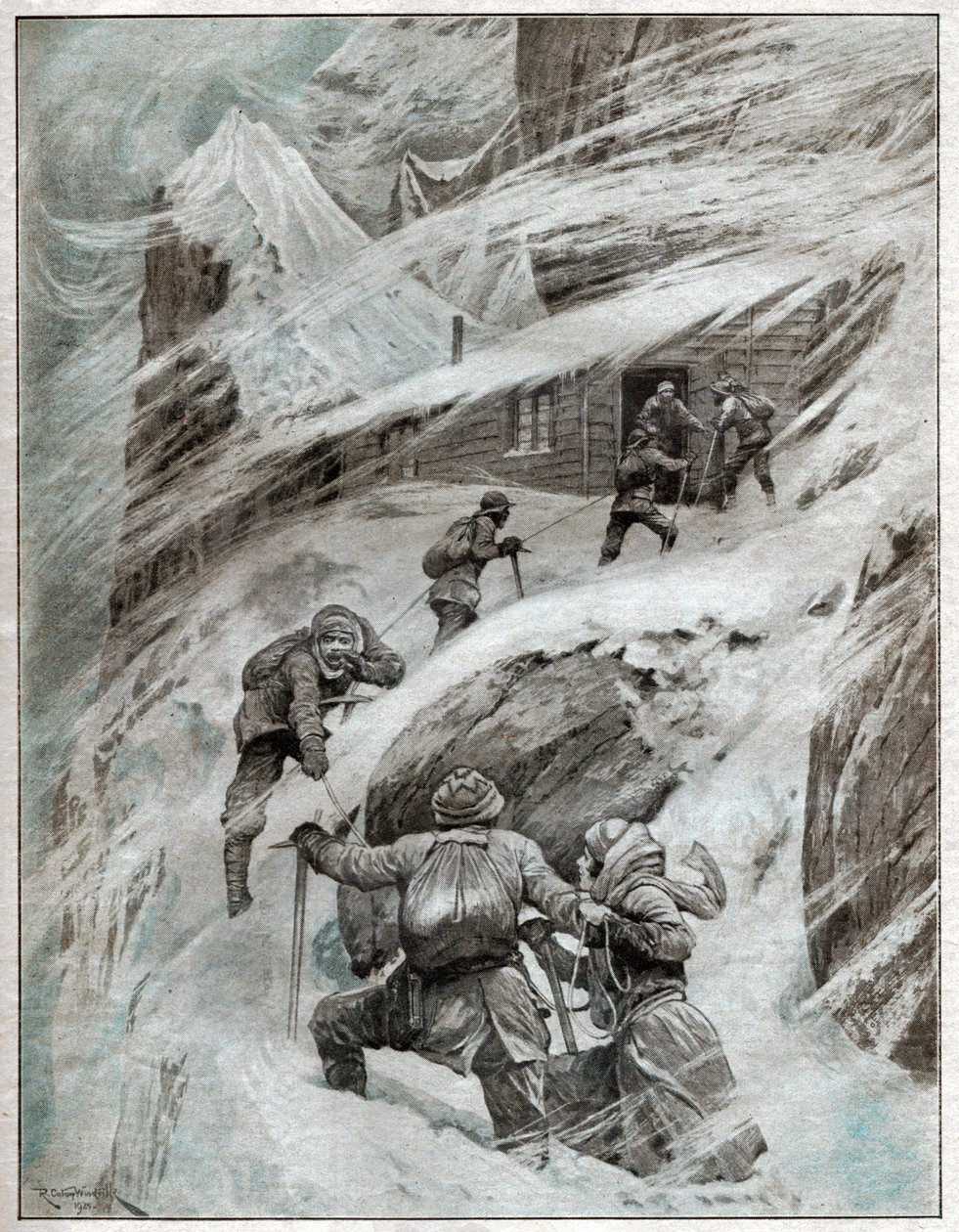 Italienske turister sidder fast i stormen i de italienske alper. 1925 (Illustration) af . .