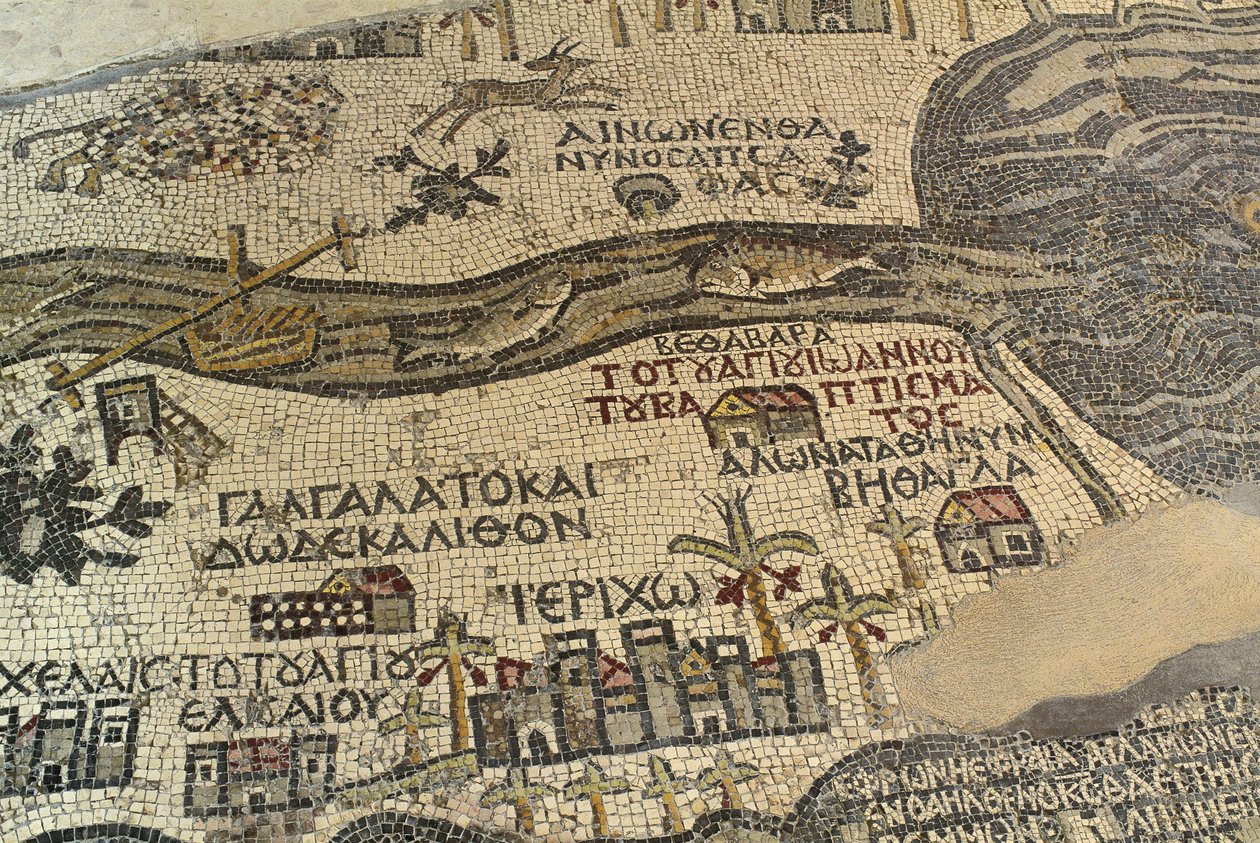Jericho og dets omgivelser, herunder floden Jordan og Det Døde Hav, detalje af Det Hellige Land-kort, gulvmosaik, ca. 560 e.Kr., apsis fra Basilica of Saint George, Madaba, Jordan, Byzantinsk civilisation, 6. århundrede e.Kr. af School Lebanese