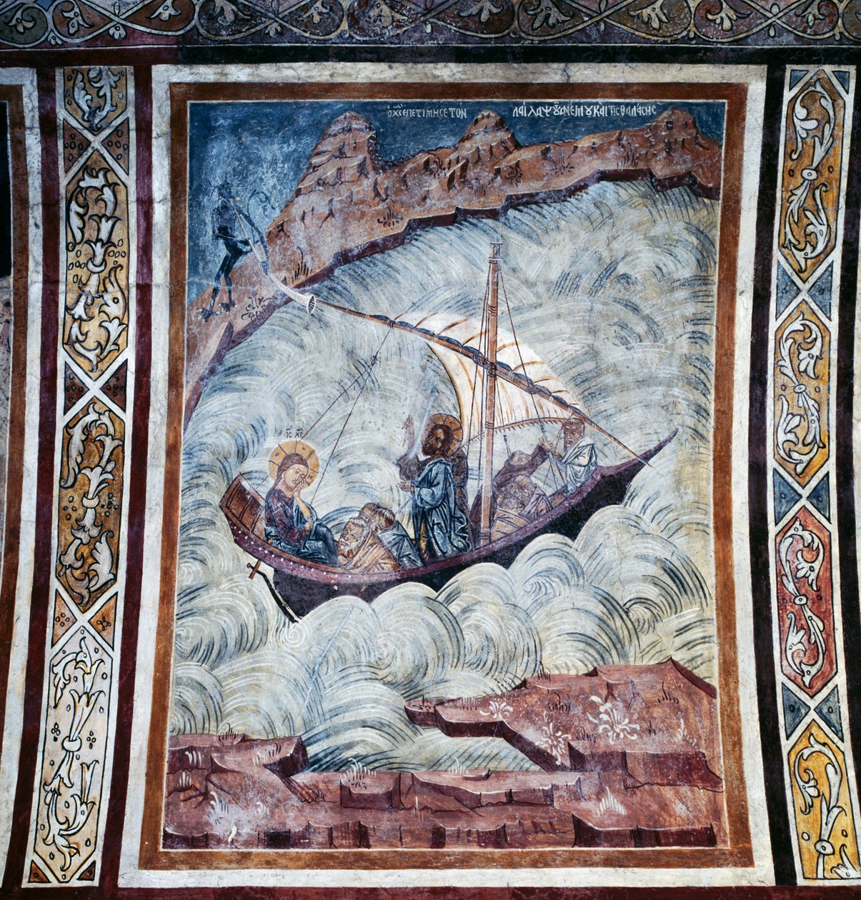 Jesus beroligende storm, fresko på hvælvingen af Thari-klosteret, Rhodos-øen, Grækenland af Georg Carl Heinrich Dollmann