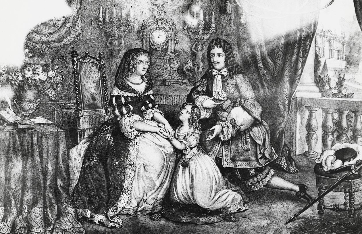 Kong Ludvig XIV og hans datter beder hertuginde Louise de La Valliere om ikke at trække sig tilbage til klosteret af Georg Carl Heinrich Dollmann