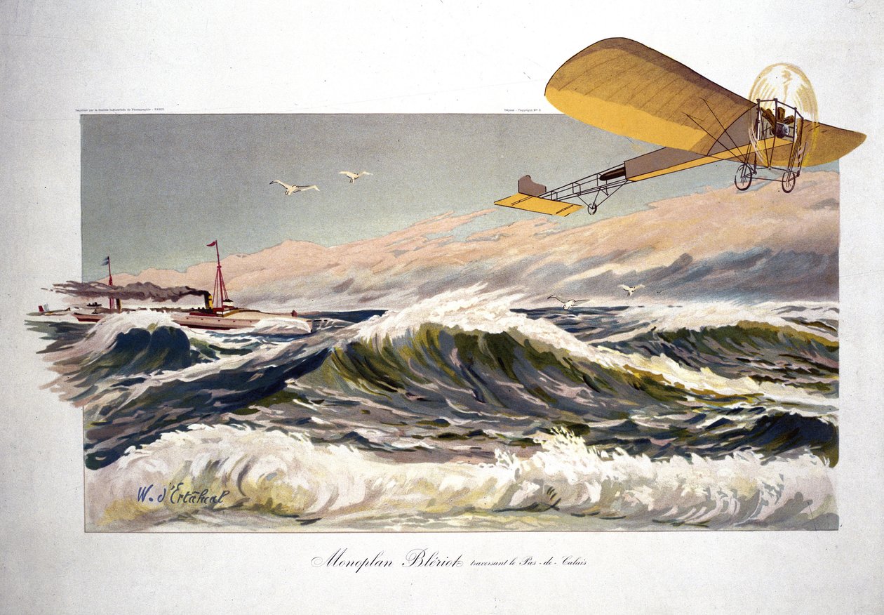 Louis Bleriot (1872-1936), fransk flyver, krydsede kanalen den 25. juli 1909 ombord på sit monoplan "Bleriot XI" af Ferdinand Georg Waldmuller