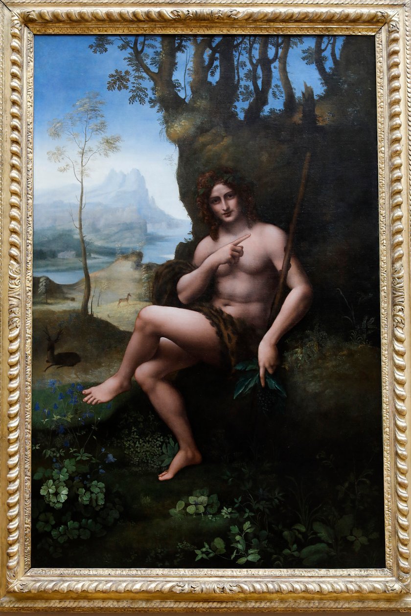 Louvre-museet, Paris, Frankrig. Leonardo da Vincis værksted, krediteret til Francesco Melzi, Sankt Johannes Døberen, olie på panel overført til lærred, ca. 1510-1520. af . .