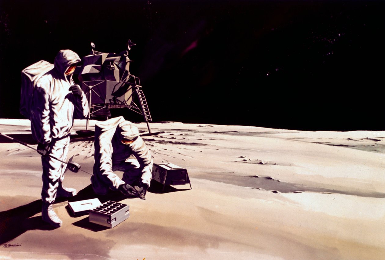 Bemandet rumflyvning, USA, Apollo, General Artists indtryk af astronauter, der arbejder på Månen af Ferdinand Georg Waldmuller