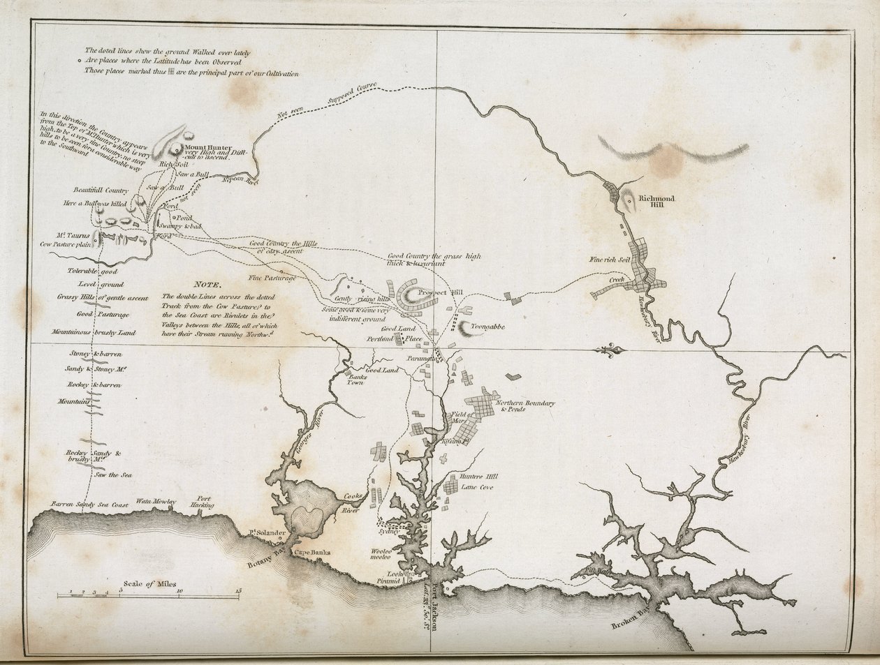 Kort over Sydney og de omkringliggende områder, Australien, ca 1798 af Frederick (attr. to) Barnard
