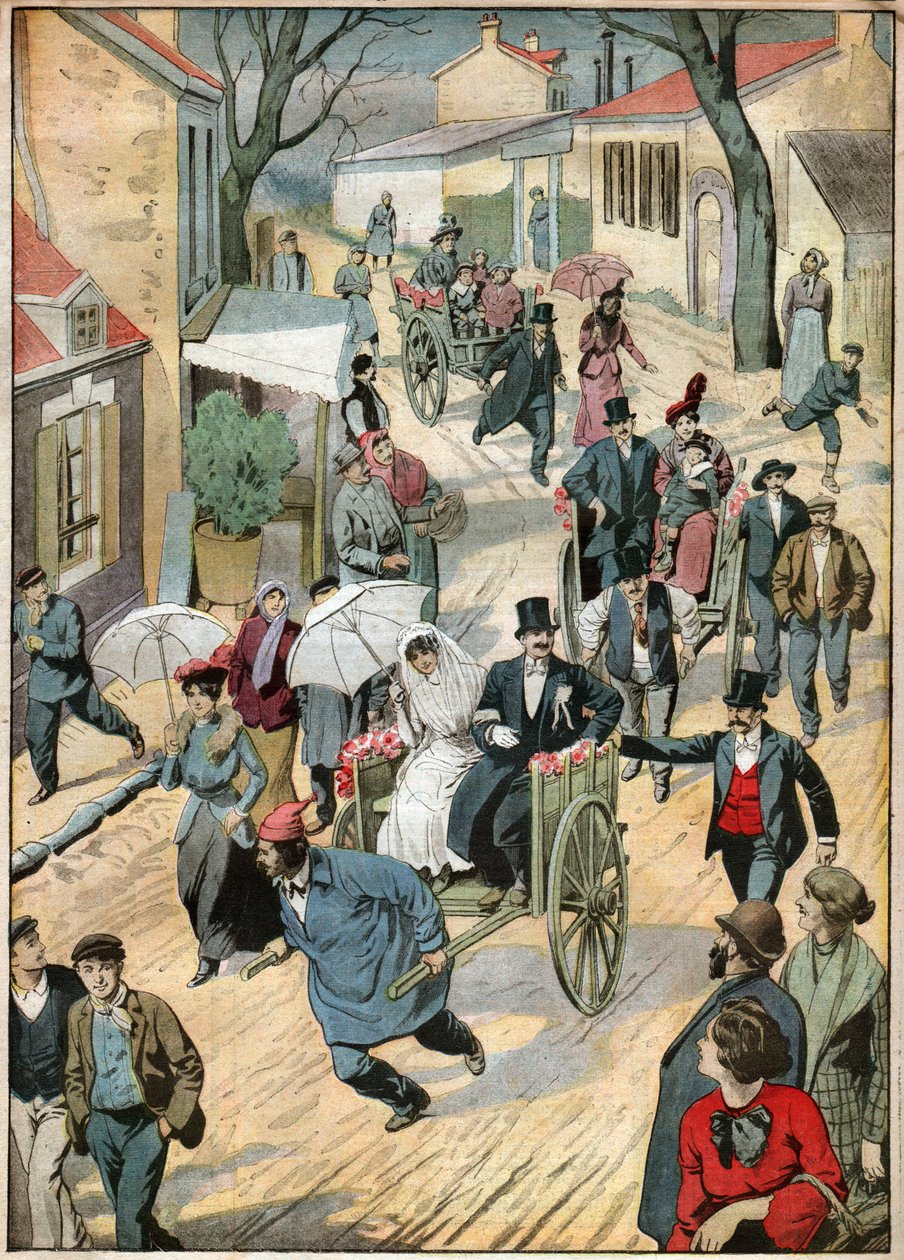 Håndkærre bryllup. Bryllupsoptog på håndkærre. af Ferdinand Georg Waldmuller