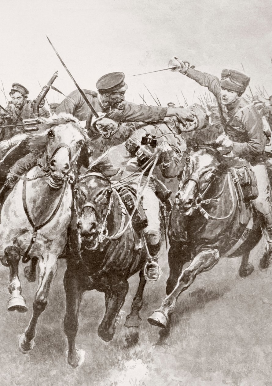 Monteret kamp mellem russiske kosakker og tysk kavaleri kendt som Dødens Husarer en Schwansfeld, mellem Korschen og Bartenstein, Østpreussen, august 1914 under Første Verdenskrig, fra La Esfera af Ferdinand Georg Waldmuller