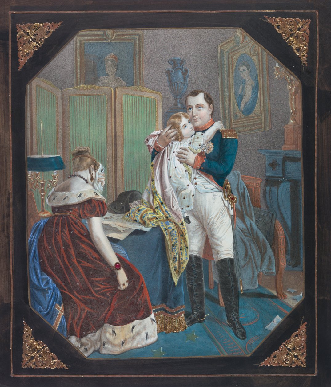 Napoleon og kejserinde Marie-Louise med kongen af Rom, ca. 1860 (litografi) af . .
