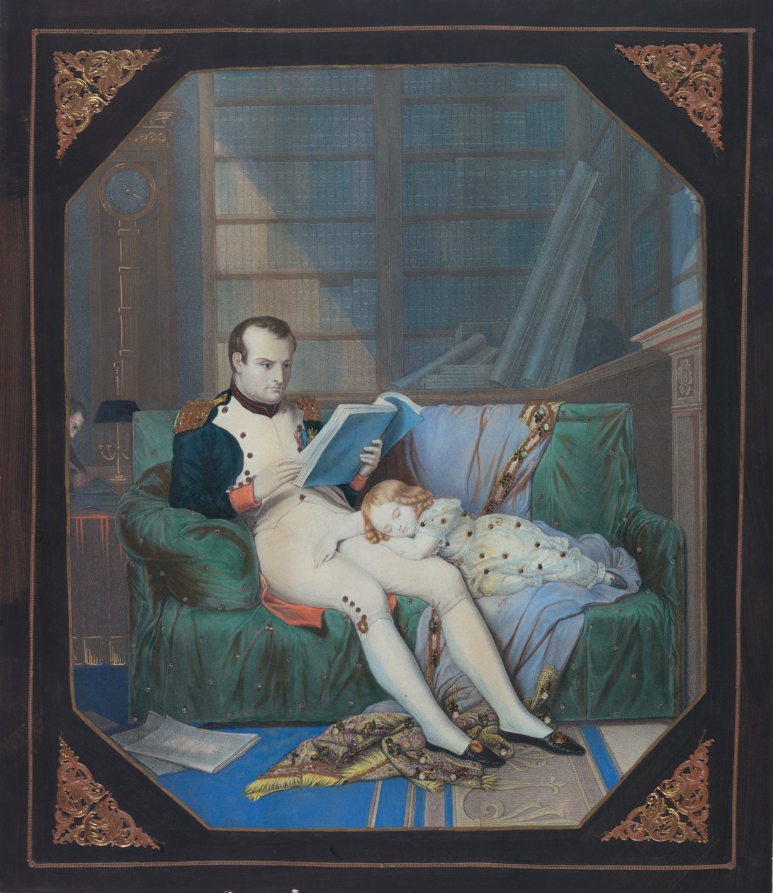 Napoleon i sit studie med kongen af Rom, ca. 1860 (litografi) af . .