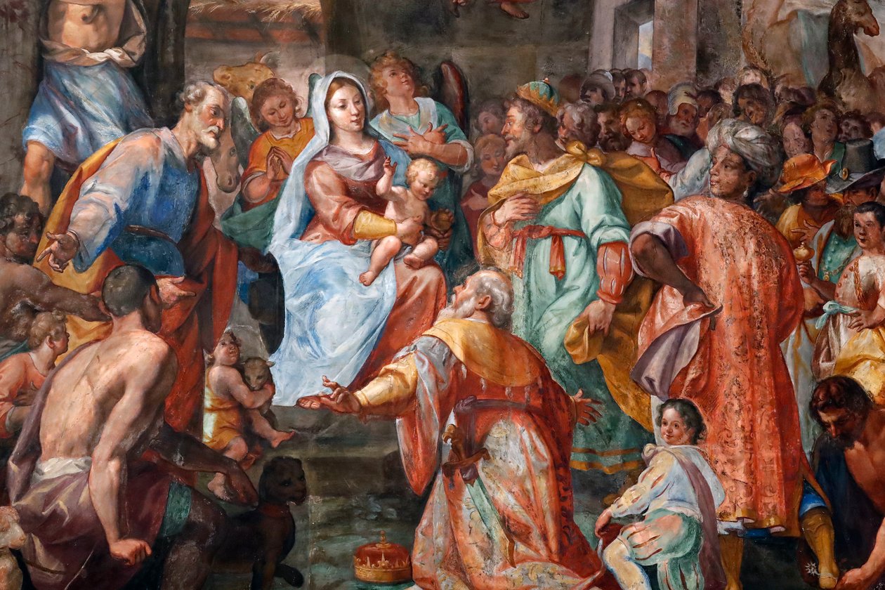 Julekrybbe. Fresco. San Donato kirke. Genova. Italien. af . .