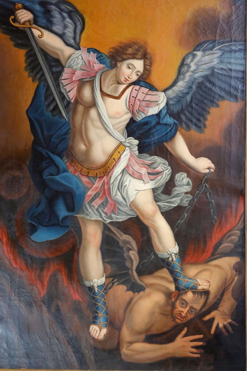 Our Lady of the Assumption of Cordon Church. Ærkeengel dræber Satan som en drage. Maleri. Frankrig. Frankrig. af . .