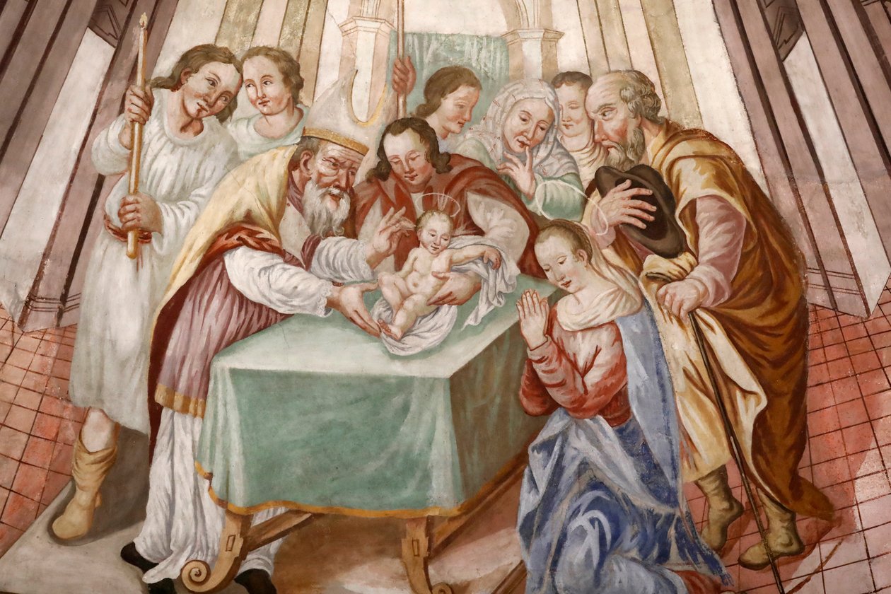 Our Lady of the Assumption of Cordon Church. Fresco. Kristi omskærelse. Frankrig. Frankrig. af . .