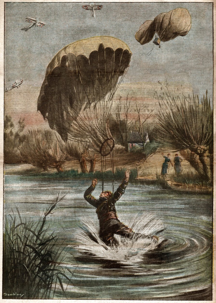Tysk faldskærmsjæger under Første Verdenskrig. Tysk faldskærmsudspringer i Første Verdenskrig. af Ferdinand Georg Waldmuller