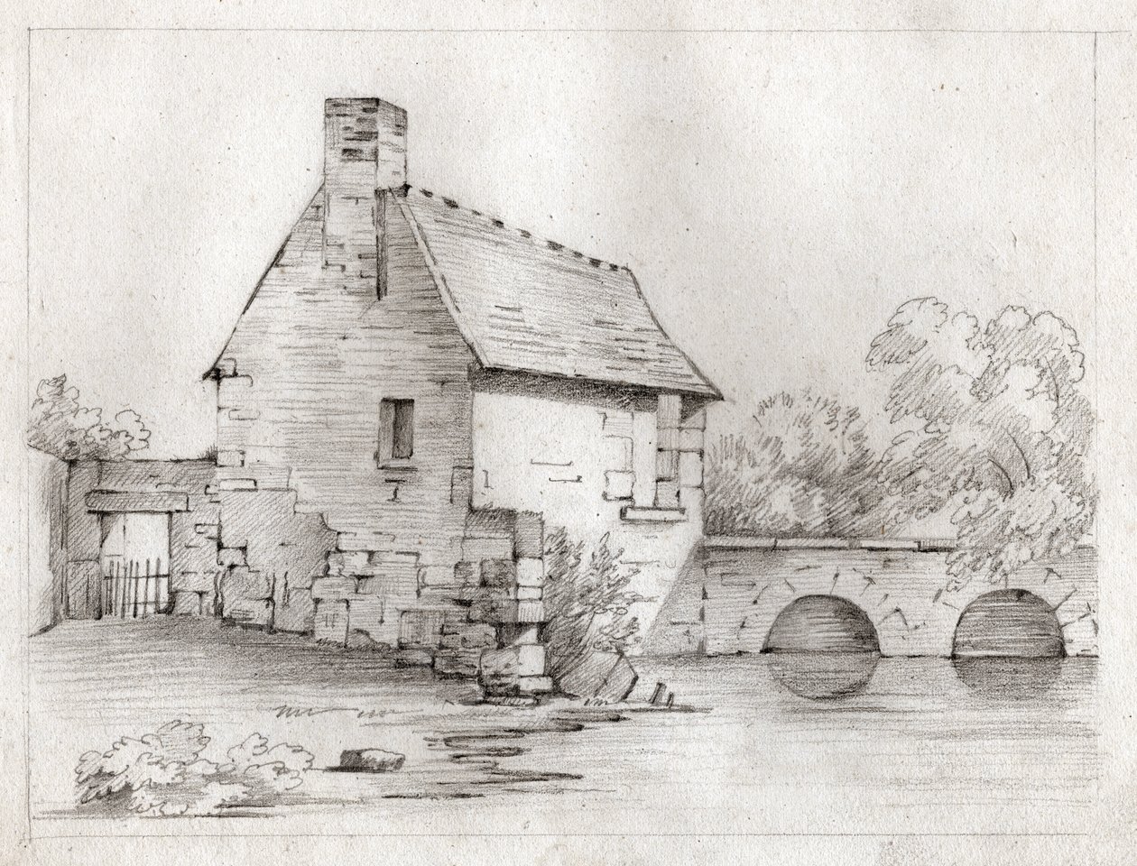 Bondehus på kanten af en flod. omkring 1830 (illustration) af . .