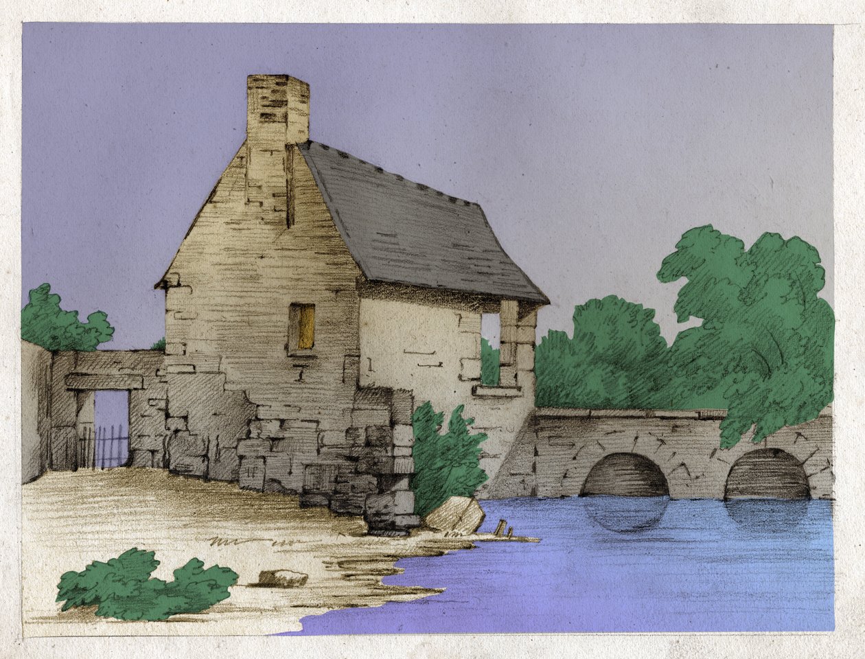 Bondehus på kanten af en flod. omkring 1830 (illustration) af . .