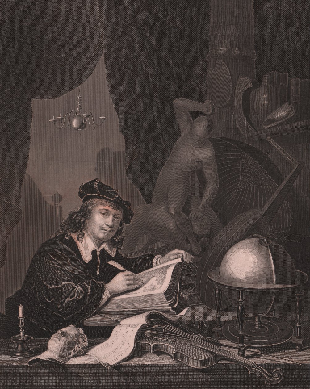 Portræt af den hollandske maler Gerrit Dou (1613-1675), gravering af Albert Henry Paine efter maleriet Gerrit Dou, fra Payne