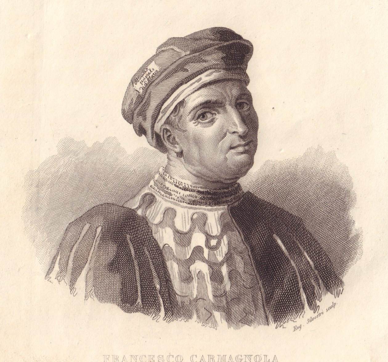 Portræt af den italienske militærleder Francesco da Bussone også kendt som Carmagnola (1380-1432), kobberstik af E Silvestri fra maleri af William Walcutt