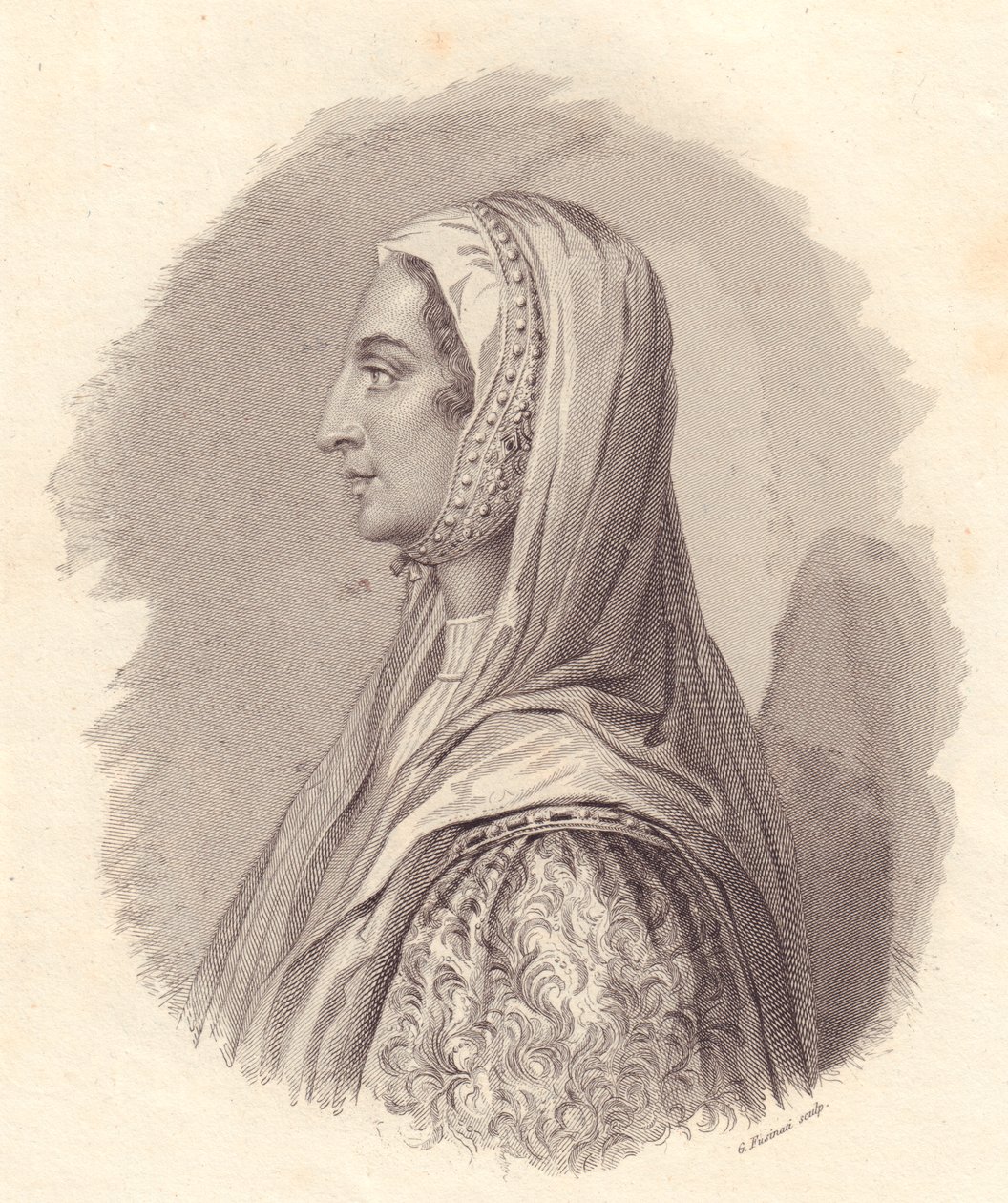 Portræt af den italienske adelskvinde Beatrice Lascaris di Tenda (1372-1418), kobberstik af G Fusinati fra portræt udgivet af Antonio Campo af William Walcutt