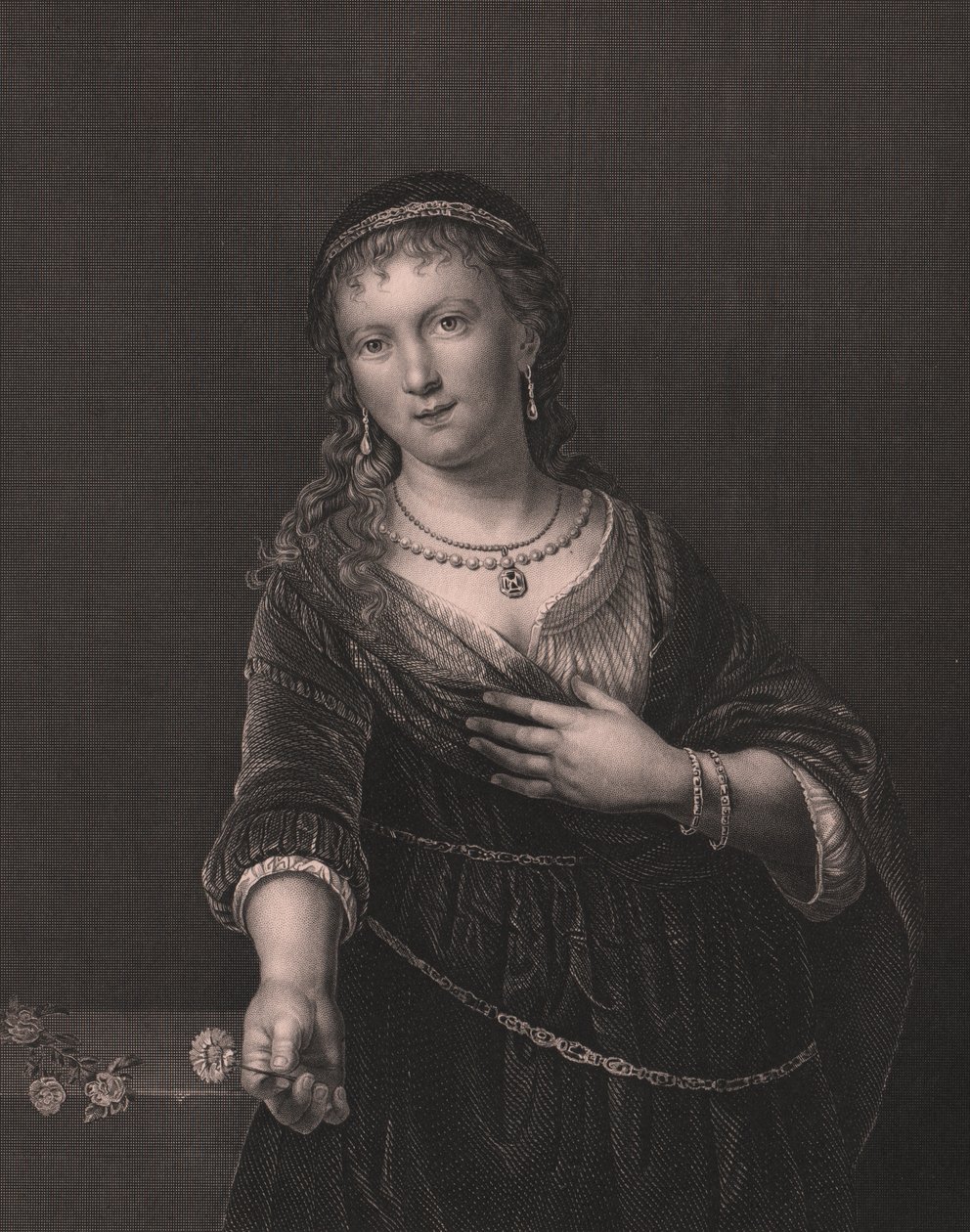 Portræt af Saskia van Uylenburgh (1612-1642), Rembrandts hustru, gravering af Daniel John Pound efter Rembrandts maleri, fra Payne