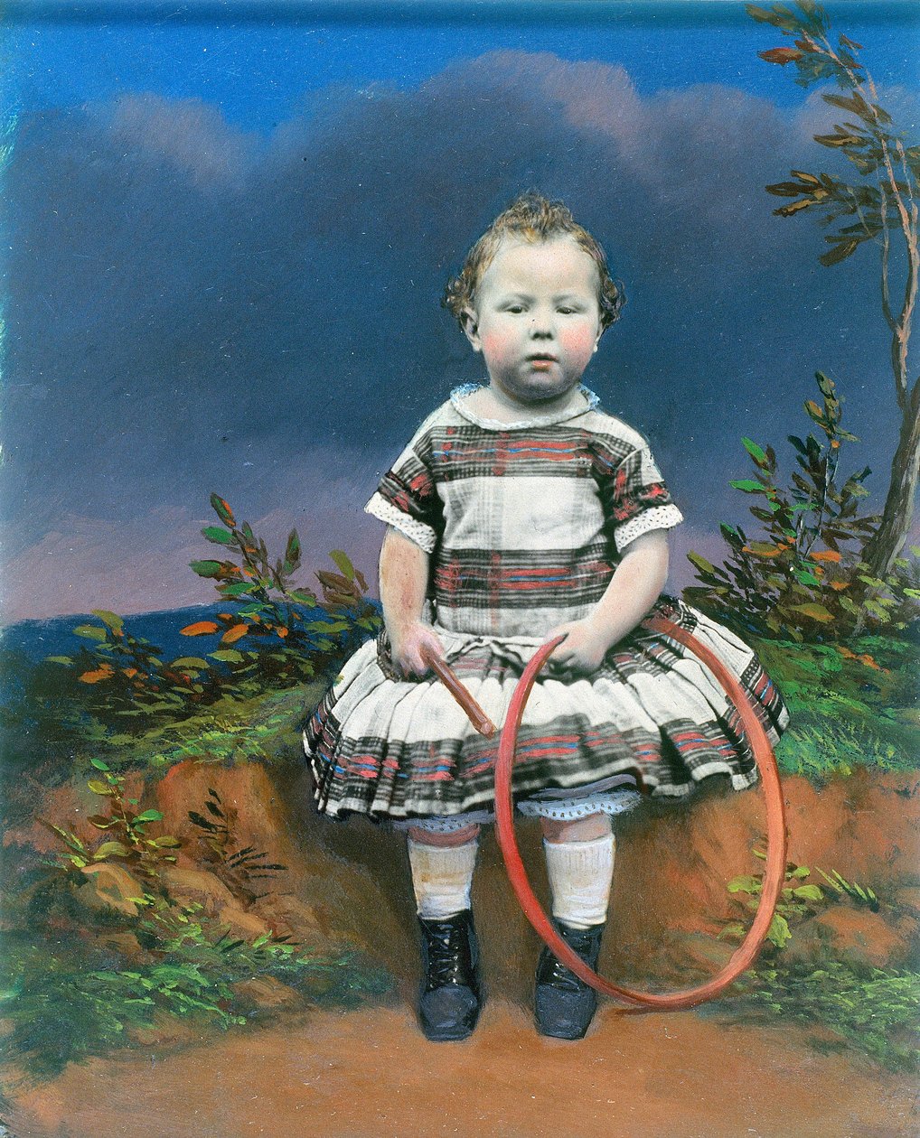 Portræt af et barn med en bøjle, håndfarvet ambrotype, c 1860 af Ferdinand Georg Waldmuller