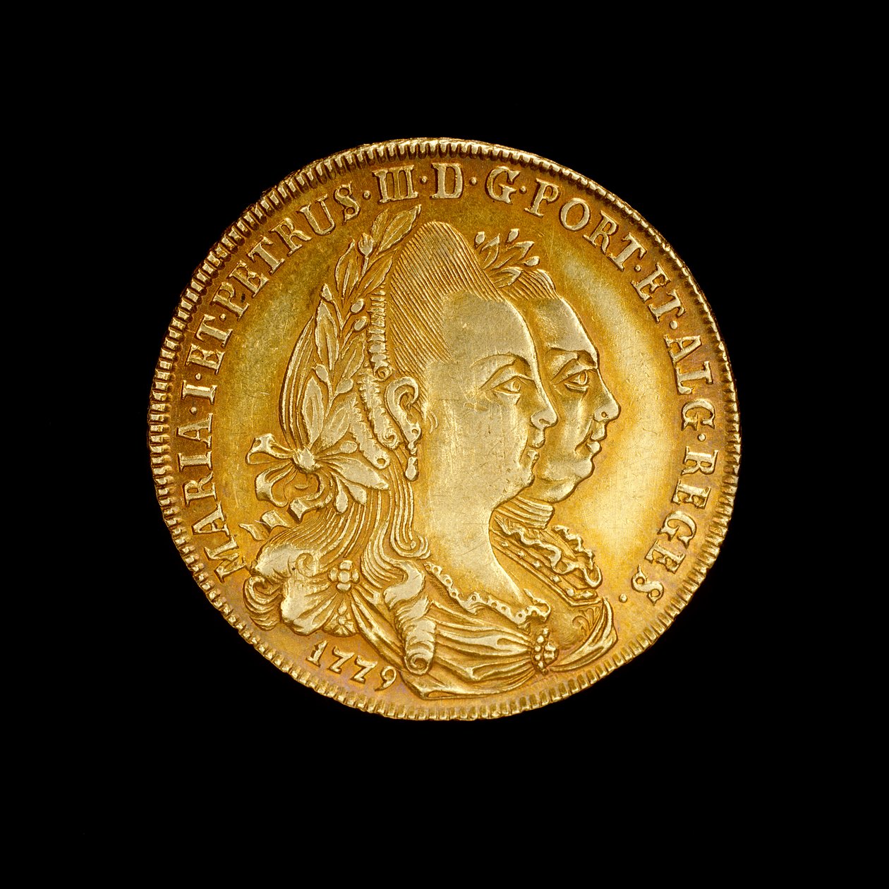 Portugisisk mønt, der forestiller dronning Maria I og hendes kongegemal Pedro III af Hippolyte Lalaise Devéria