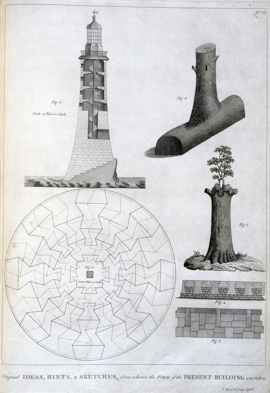 Foreløbige skitser af Smeatons Eddystone fyrtårn, c 1756 af Ferdinand Georg Waldmuller