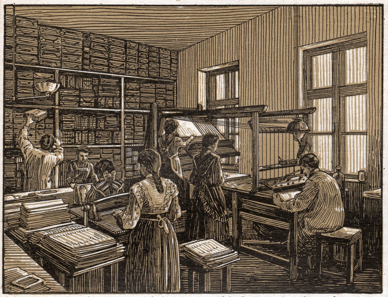 Trykkeri i Budapest, Ungarn: faconering og klargøring af bøger. Kvinders arbejde. ca. 1910 (Illustration) af . .