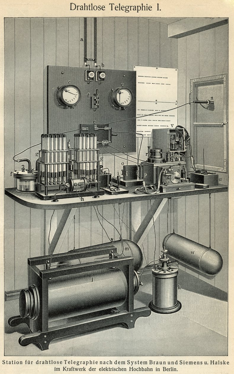Fremskridt inden for telekommunikation: Videnskabs- og teknologibyråd, der repræsenterer en gammel telegrafstation. Illustration fra "Meyers Grosses Konversations - Lexikon" 1904. Bibliographers Institut, Leipzig und Wien af Ferdinand Georg Waldmuller