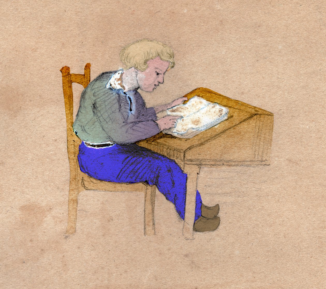 Skoledreng på arbejde på sit skrivebord. omkring 1830 (illustration) af . .