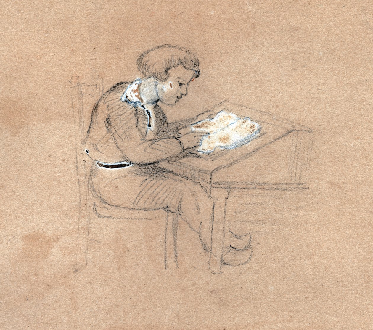 Skoledreng på arbejde på sit skrivebord. omkring 1830 (illustration) af . .