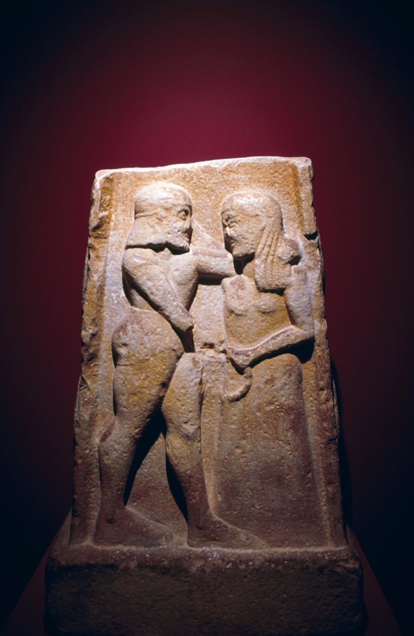 Stele forestillende Menelaos og Helen, fundet i Sparta, Grækenland, græsk civilisation, slutningen af det 7. århundrede f.Kr. af Georg Carl Heinrich Dollmann