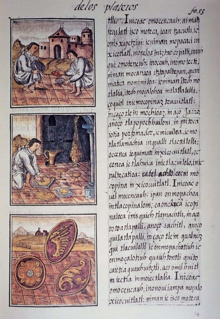 Bordservice og skjoldproduktion, side fra den florentinske Codex, tosproget version på spansk og Nahuatl, General History of the Things of New Spain, af den spanske missionær Fray Bernardino de Sahagun. Aztekisk civilisation af Georg Carl Heinrich Dollmann