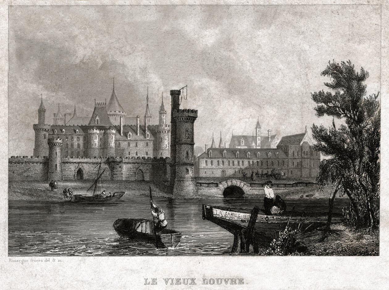 Det gamle Louvre, begyndelsen af det 19. århundrede (gravering) af . .