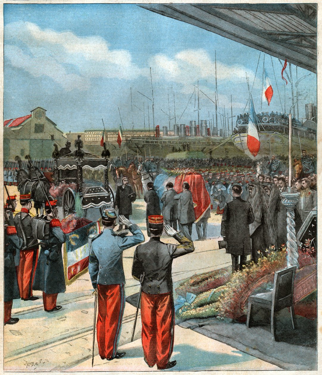 Liget af den franske udforsker Pierre Savorgnan de Brazza rapatrieret fra Dakar (Senegal) til Paris (illustration) af John Pardon
