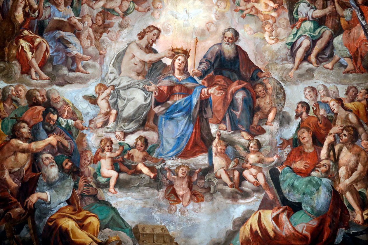 Jomfruens kroning. Fresco. San Donato kirke. Genova. Italien. af . .