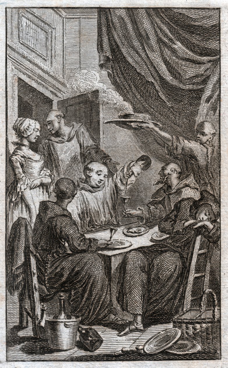 Festen for munke, der overtræder klosterregler. De drikker vin, bejler til tjenestepigerne. 1700-tallet (gravering) af . .