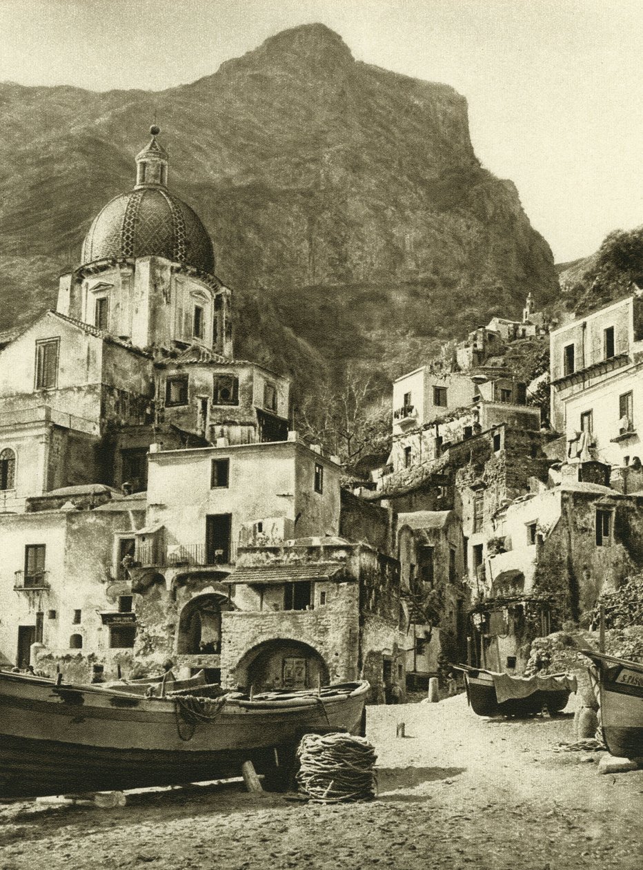 Byen for fiskerne i Positano, på Amalfikysten nær Napoli af Ferdinand Georg Waldmuller