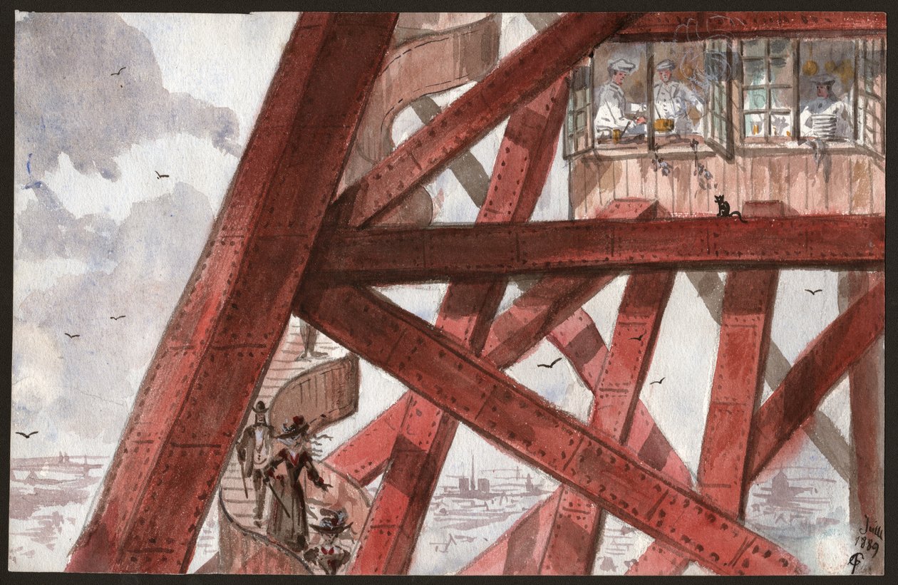 Turister på trapperne til Eiffeltårnet, Paris. Kokke laver mad i restauranten på første sal. 1889 (Illustration) af . .
