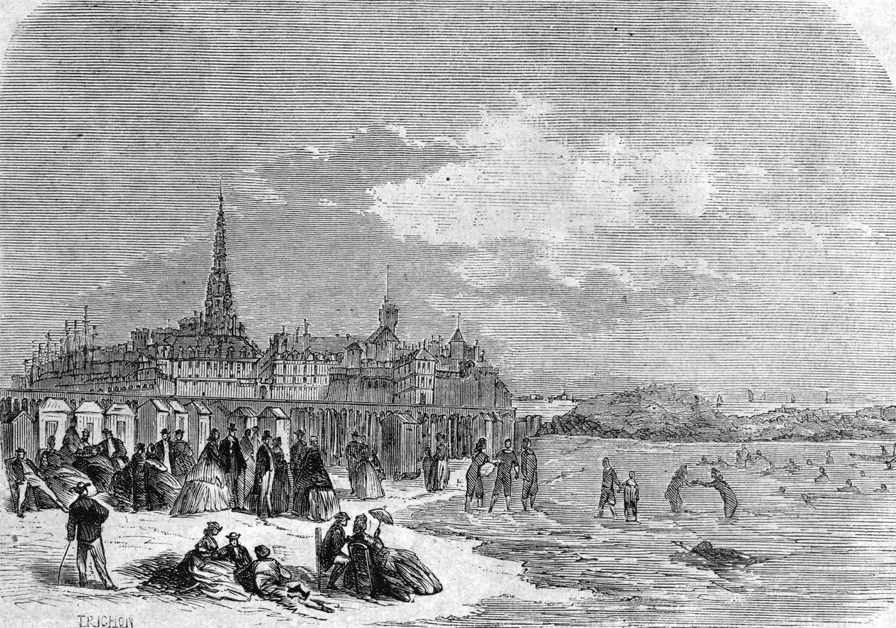 Udsigt over badende på stranden i Saint Malo af . .