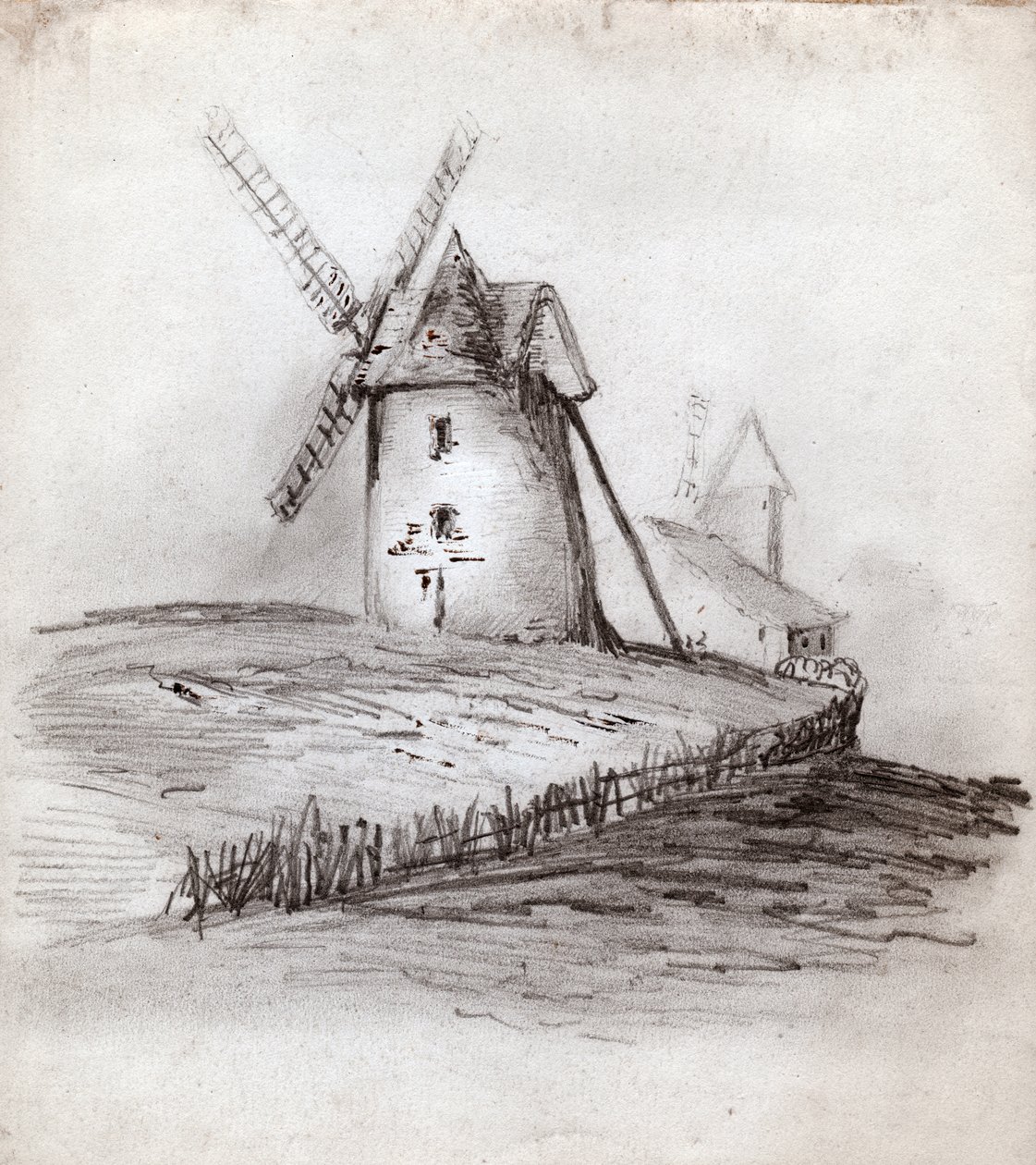 Vindmølle i Normandiet, Frankrig. omkring 1830 (illustration) af . .
