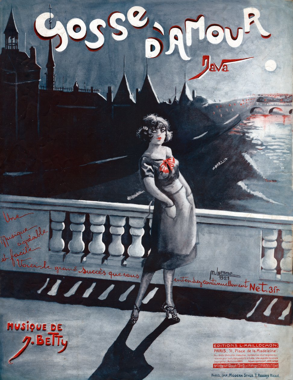 Kvinde på Pont au Change i Paris, bag hende Seinen og Conciergerien. 1921 (illustration) af . .