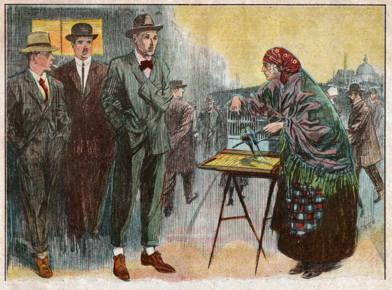 Kvinde praktiserer spådom ved hjælp af fugle. 1926 (Illustration) af . .