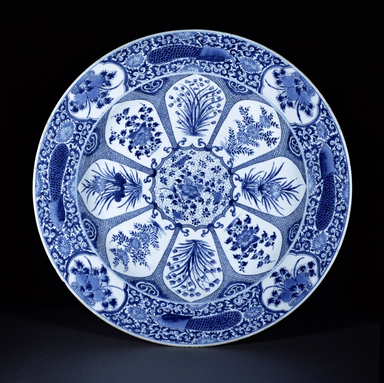 Blå og hvid tallerken, Kangxi periode, ca. 1700 (porcelæn) af Chinese School