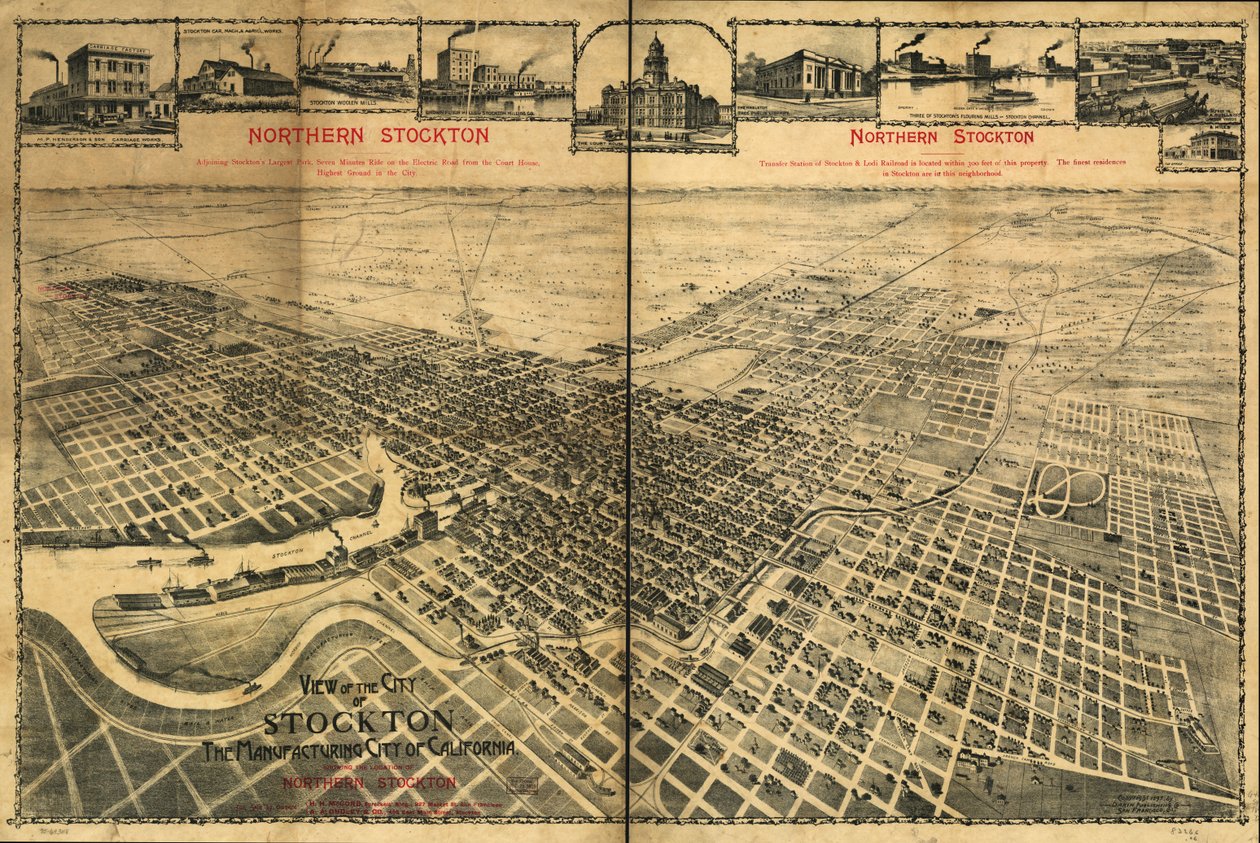 Udsigt over byen Stockton, Manufacturing City of California, der viser placeringen af det nordlige Stockton af Dakin Publishing Co.