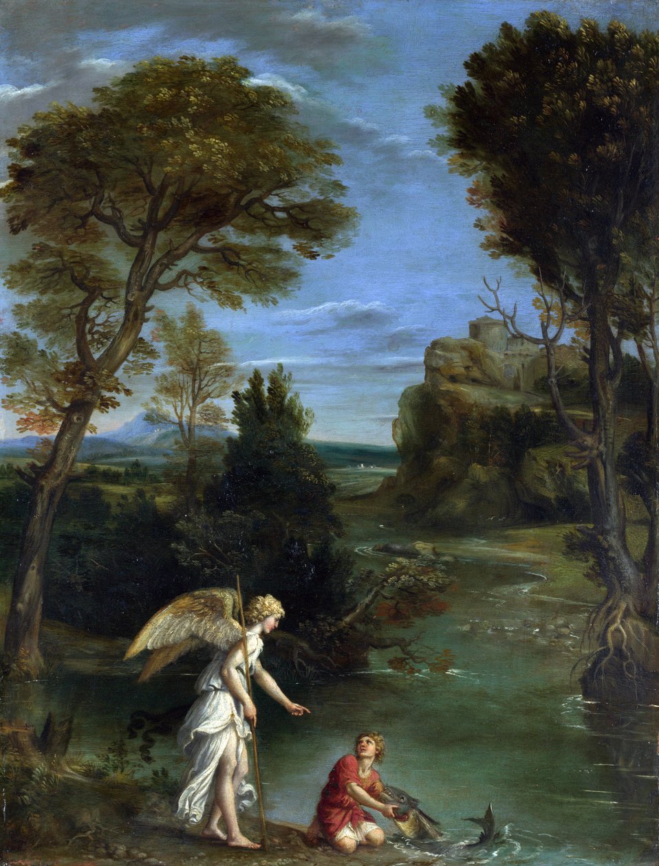 Landskab med Tobias, der griber fat i fisken af Domenichino