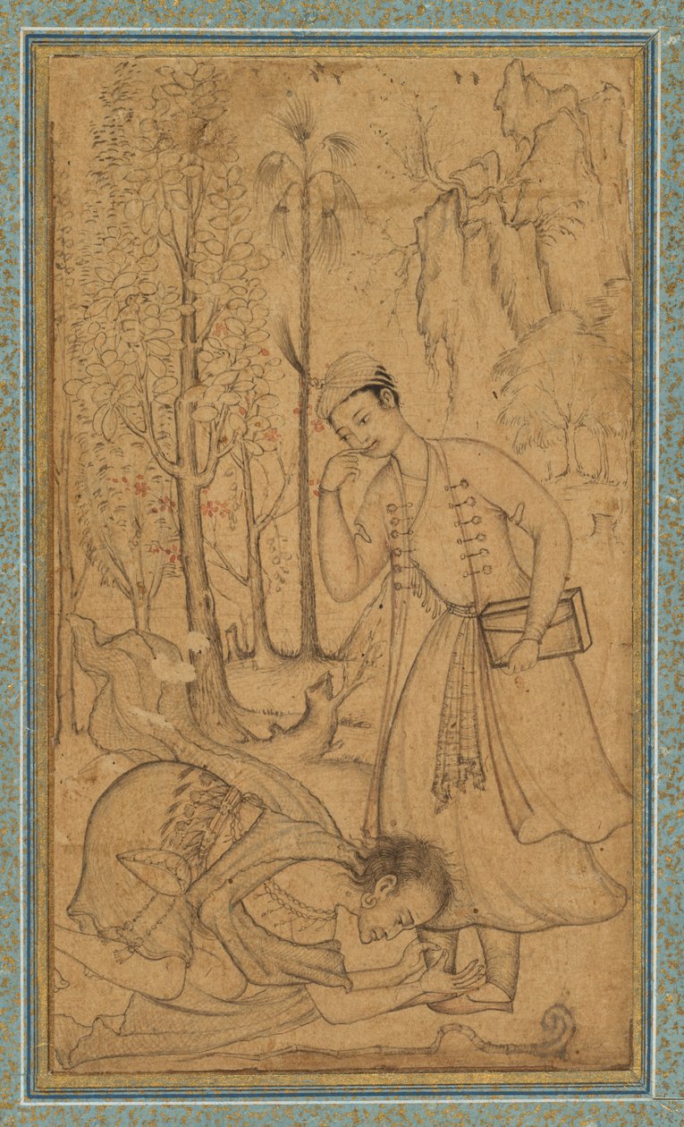 En hellig mand, der bøjer sig foran en lærd fyrste, ca. 1585, grænse tilføjet formentlig 1700-tallet. af   Manohar