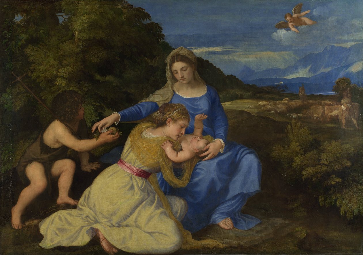 Jomfruen og barnet med spædbarnet Saint John og en kvindelig helgen eller donor (