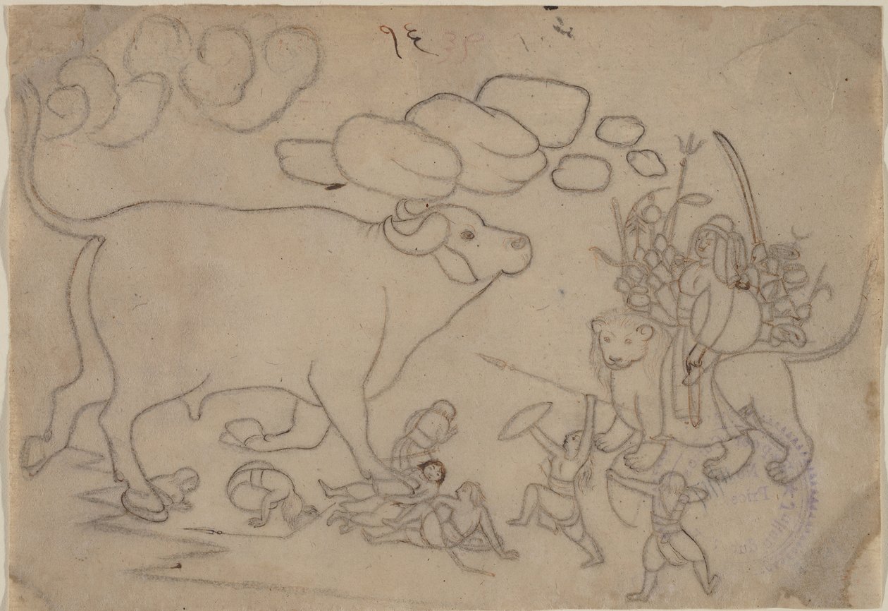 Durga konfronterer Buffalo Demon Mahisha: Scene fra Devi Mahatmya, Ka. 1780. af a first generation master after Nainsukh