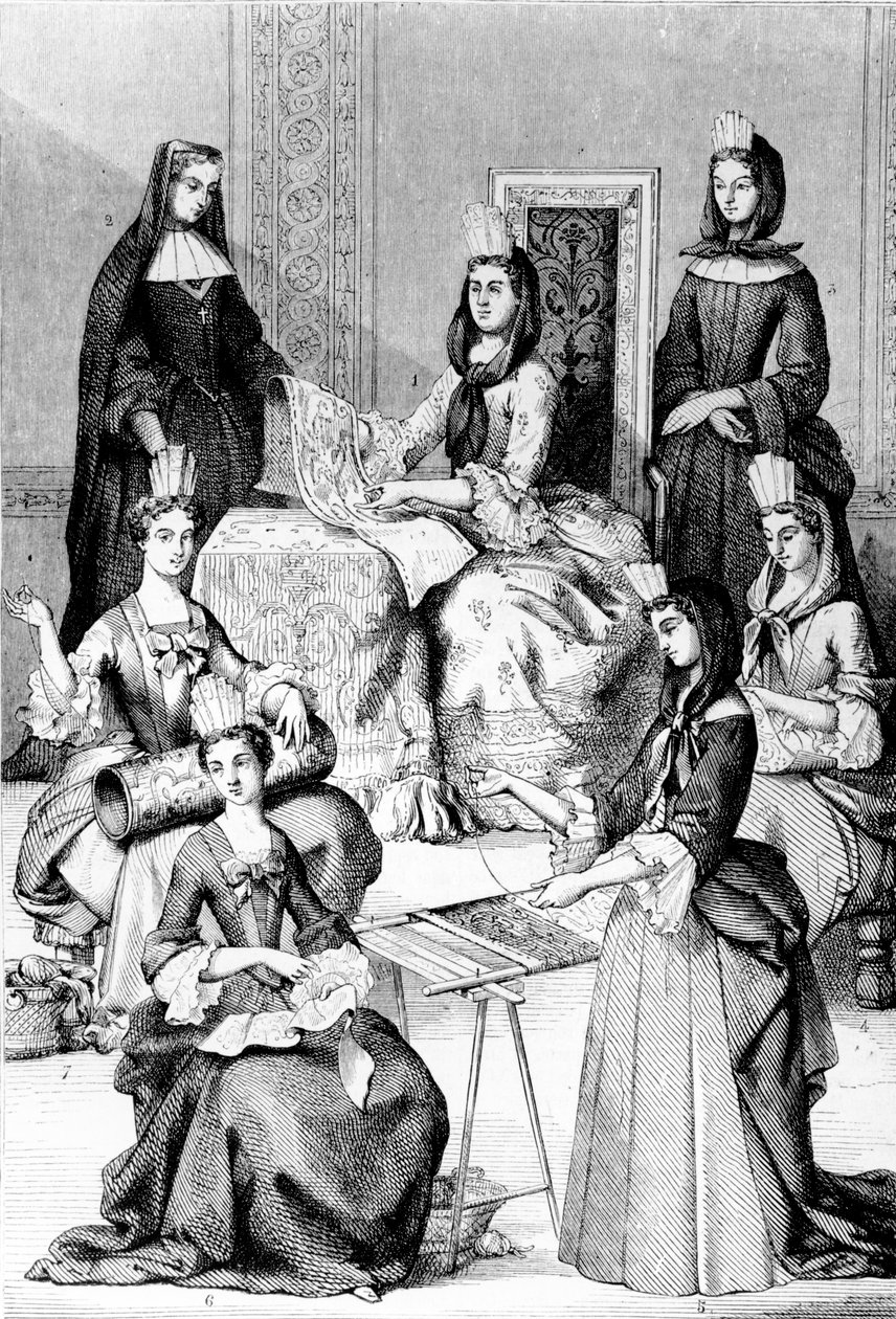 Madame de Saint-Cyr, en nonne, en novice og unge piger fra de fire klasser af after Chevignard